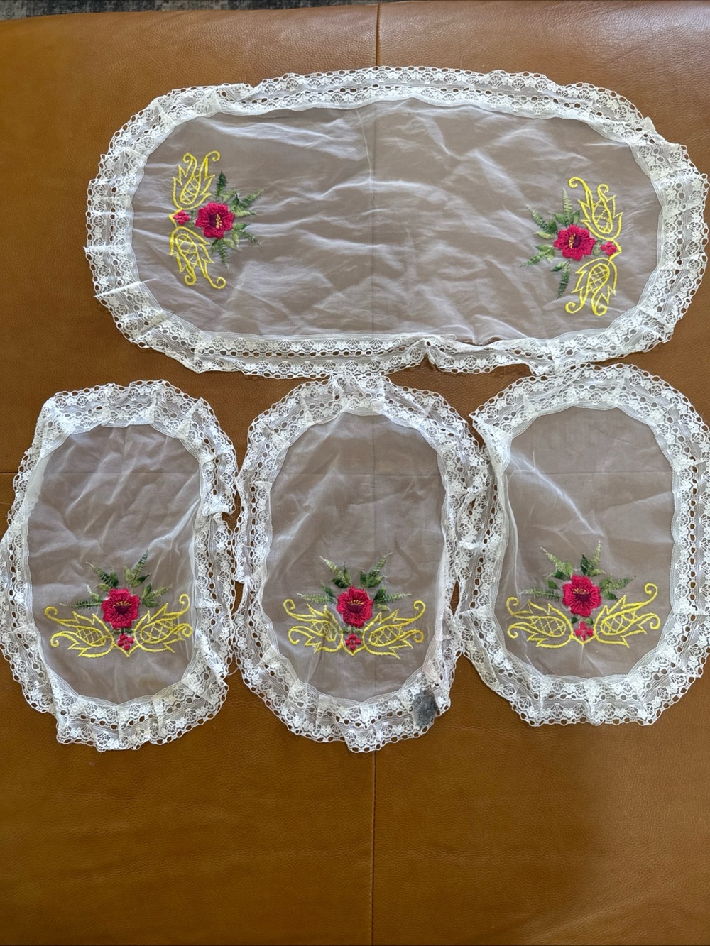 Vintage Embroidered Organza Dresser Scarf Vanity Set Lot 4 Lace Floral Pink